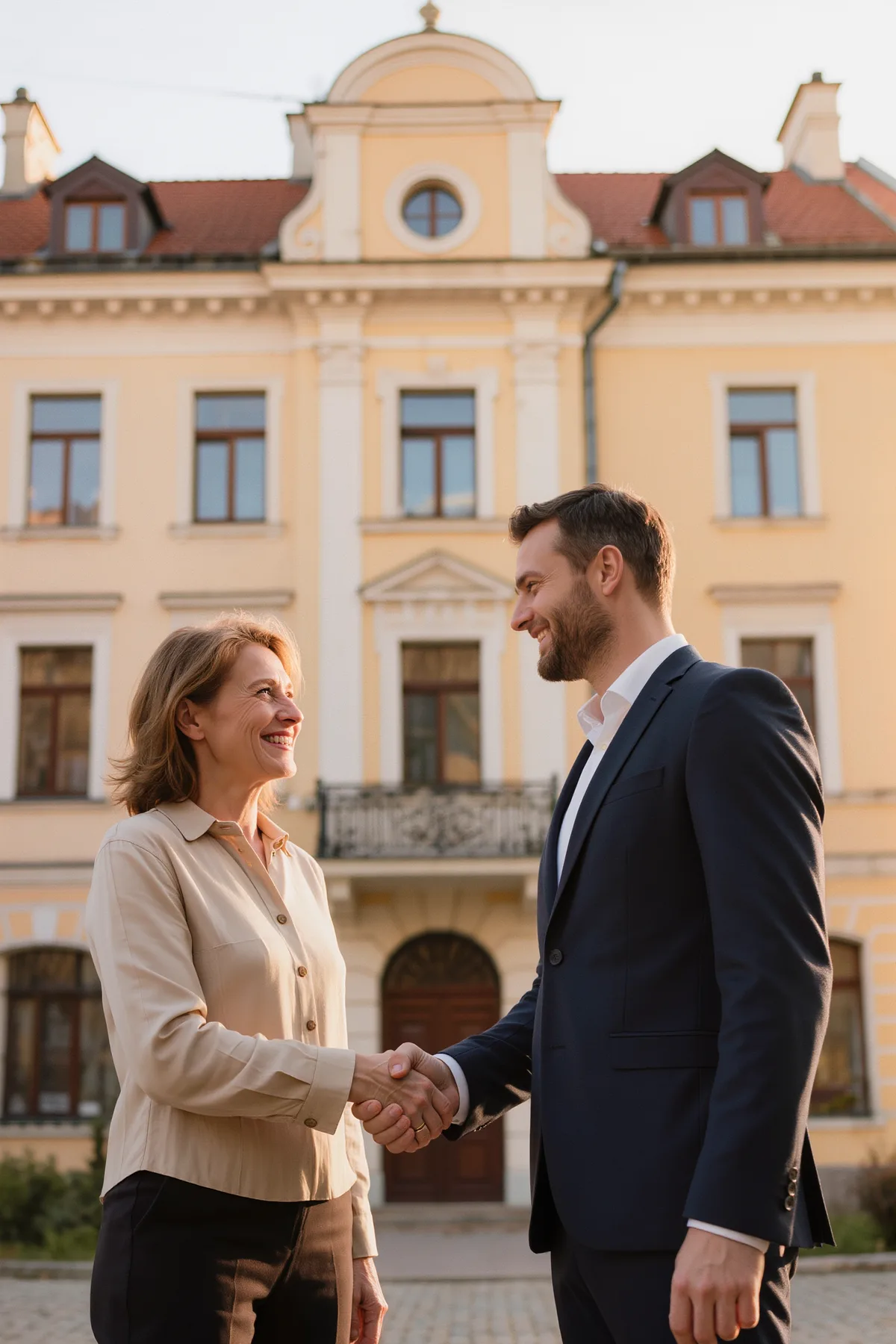 Właścicielka mieszkania i doradca Propertonu podają sobie ręce przed kamienicą