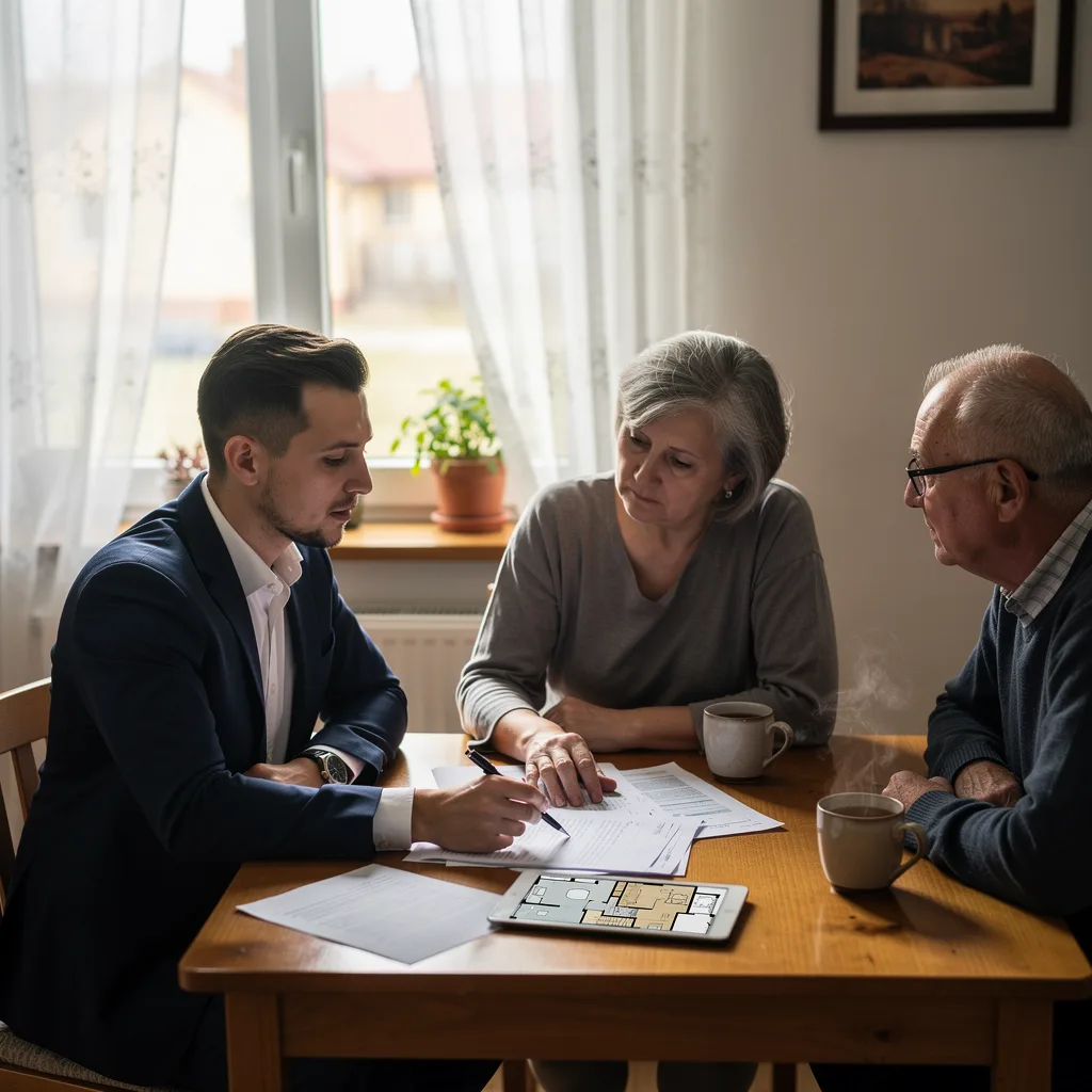 Doradca Propertonu rozmawia z właścicielami mieszkania przy stole, na blacie dokumenty oferty i rzut mieszkania